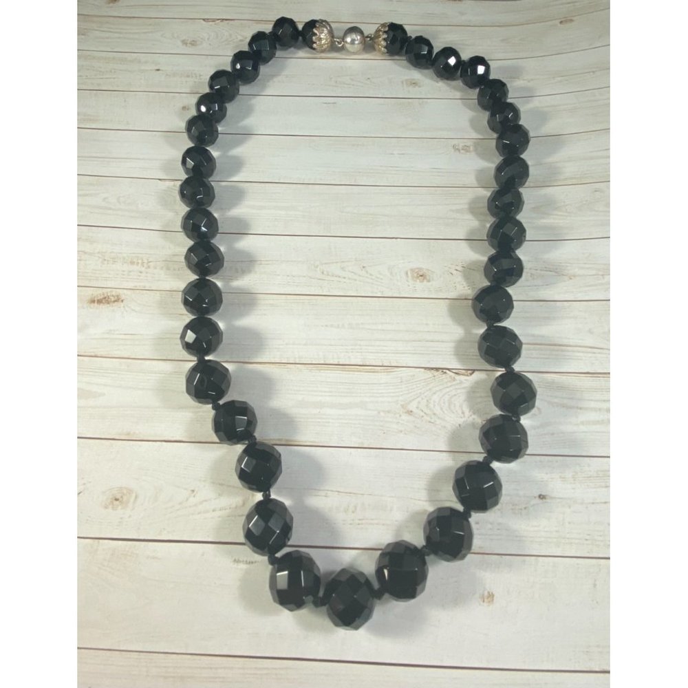 925 WW Faceted Jet Black Glass Beaded Necklace Knotted Designer Signed